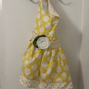 Yellow Polka Dot Dog Dress with White Flower